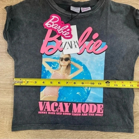 NWT Zara x Barbie Tee Shirt Top Pink Black Vacay Mode XS - Picture 7 of 10